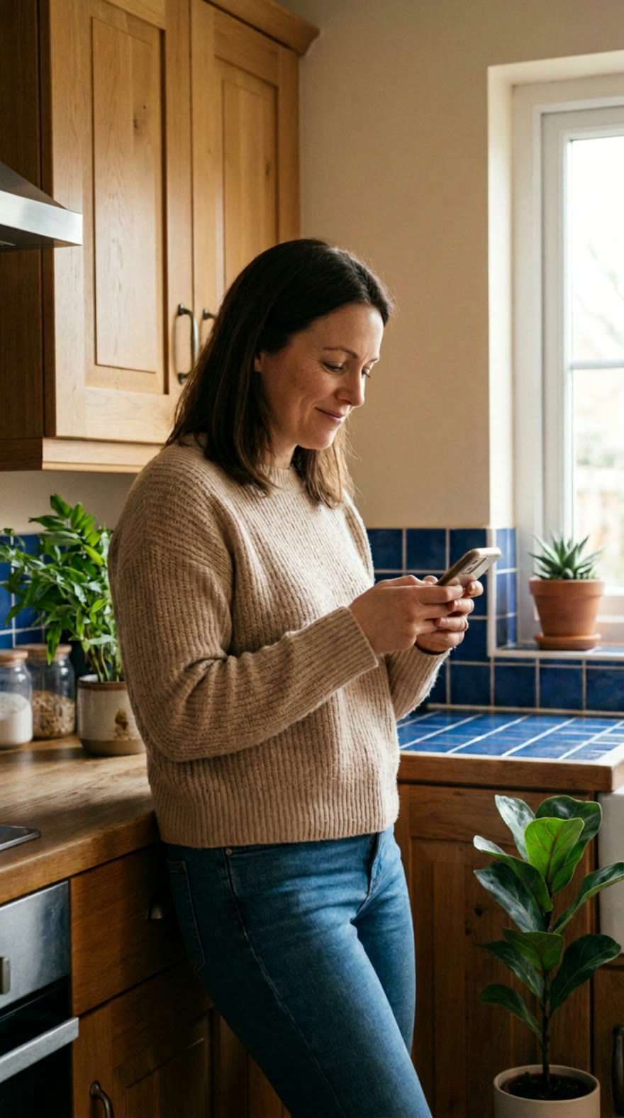 Une femme sereine consulte ses échéances sur son téléphone dans sa cuisine